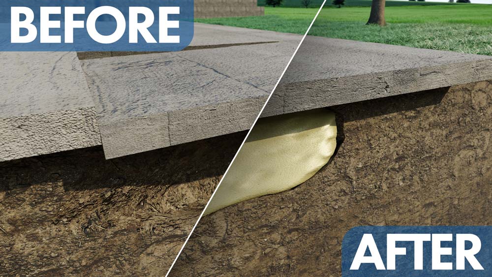 Cutaway showing a sunken slab before and after polyurethane foam lifting