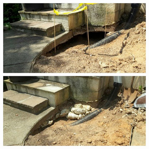 Void beneath concrete steps exposed before filling